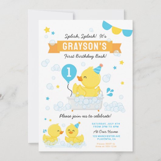 Invitation Canard en caoutchouc Premier anniversaire fête ble (Devant)