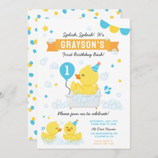 Invitation Canard en caoutchouc Premier anniversaire fête ble (Devant / Derrière)