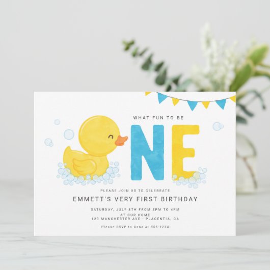 Invitation Canard en caoutchouc Premier anniversaire fête ble (Debout devant)
