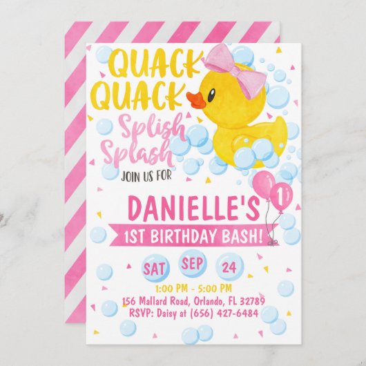 Invitation Canard en Caoutchouc Rose (Devant / Derrière)