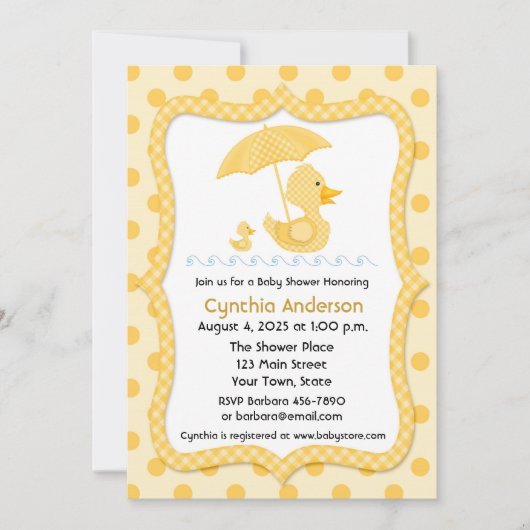 Invitation Canard En vichy jaune avec parapluie, Baby shower (Devant)