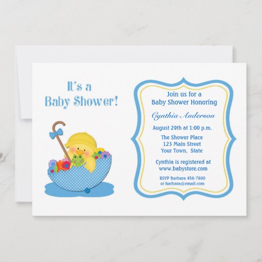 Invitation Canard jaune, baby shower bleu de parapluie (Devant)