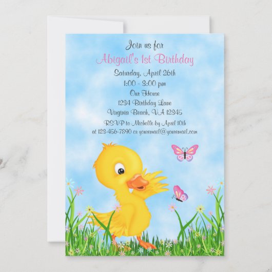 Invitation Canard jaune mignon et papillons 1er anniversaire (Dos)