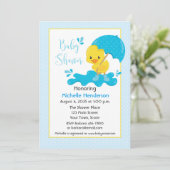 Invitation Canard jaune, Parapluie, Baby shower Pois bleu (Debout devant)