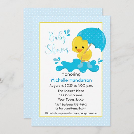 Invitation Canard jaune, Parapluie, Baby shower Pois bleu (Devant / Derrière)