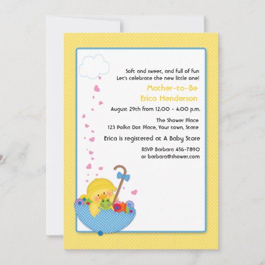 Invitation Canard Jaune, Parapluie, Coeurs, Baby shower Invit (Devant)