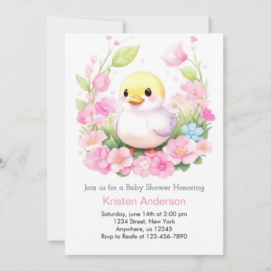 Invitation Canard rose mignon Blissful Baby shower fille (Devant)