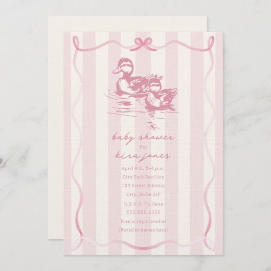 Invitation Canards Bow Bow Doodle Baby shower rose (Devant / Derrière)