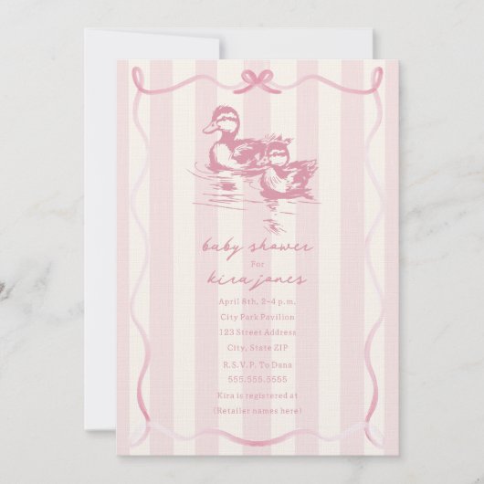 Invitation Canards Bow Bow Doodle Baby shower rose (Devant)
