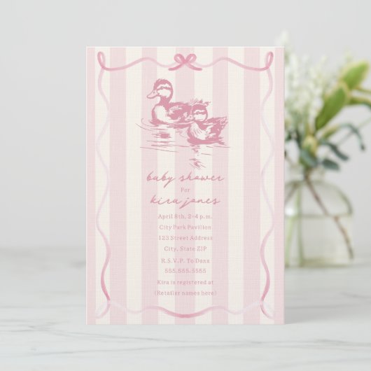 Invitation Canards Bow Bow Doodle Baby shower rose (Debout devant)