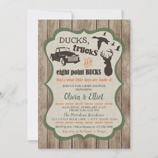 Invitation Canards, Camions et seaux à huit points Cerfs Bébé (Devant)