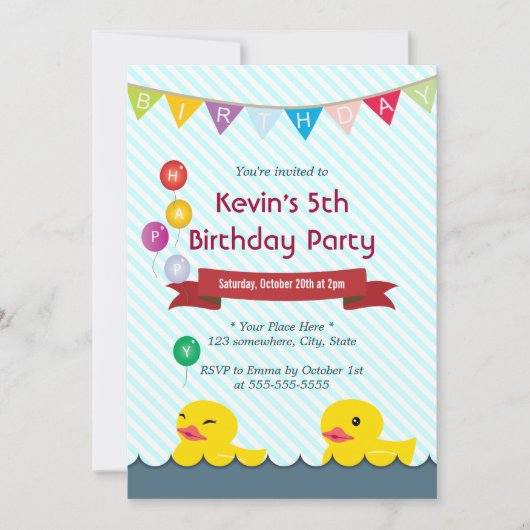 Invitation Canards en caoutchouc Bleus rayures Anniversaire I (Devant)