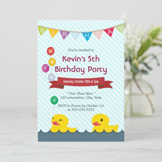 Invitation Canards en caoutchouc Bleus rayures Anniversaire I (Debout devant)
