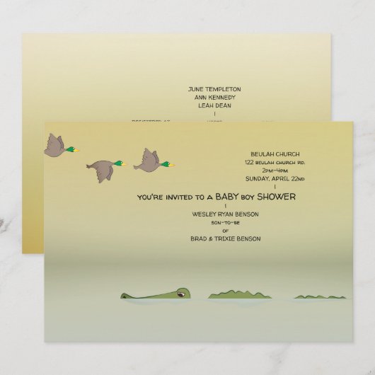 Invitation Canards & Gator Nature Cartoon Baby shower garçon (Devant / Derrière)