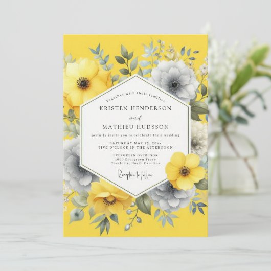 Invitation Canary Slate Summer Flora Wedding (Debout devant)