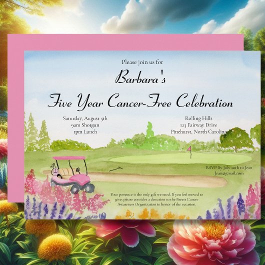 Invitation Cancer Free Celebration Pink Golf Cart Golf Course
