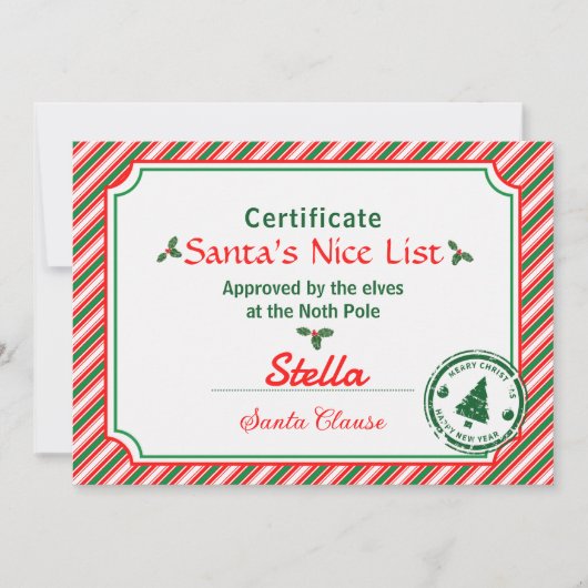 Invitation Candy Cane Santa's Nice List Certificate Christmas (Devant)