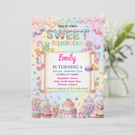 Invitation Candy Land Girl Birthday Sweet Celebration Rainbow (Debout devant)