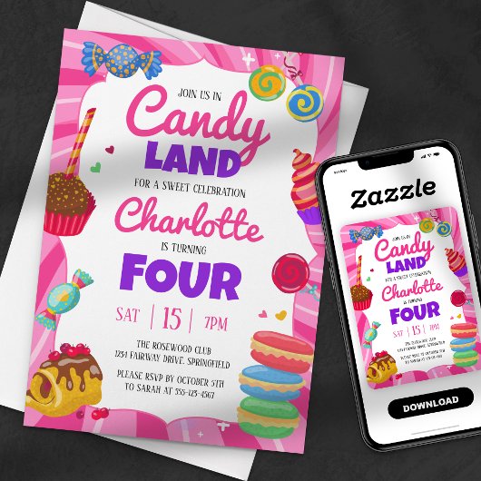 Invitation Candy Land Sweet rose fête d'anniversaire