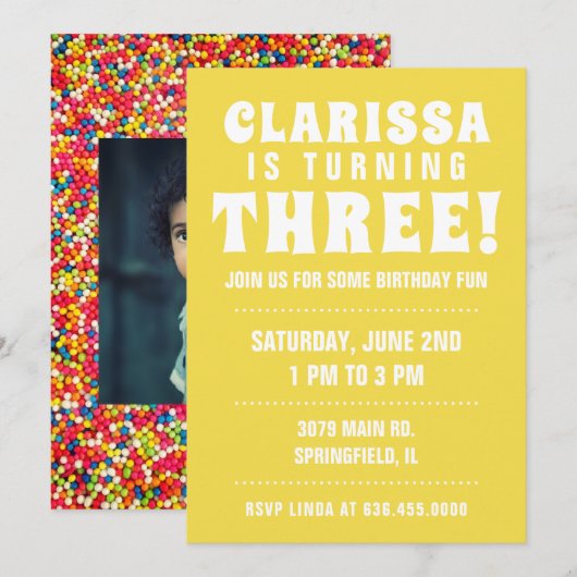 Invitation Candy Sprinkles Photo de fête d'anniversaire (Devant / Derrière)