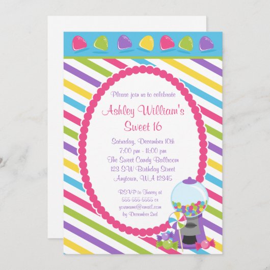 Invitation Candy Stripes Sweet 16 Anniversaire (Devant / Derrière)