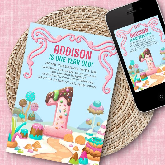 Invitation Candy Sweet Girl's Candyland 1er anniversaire
