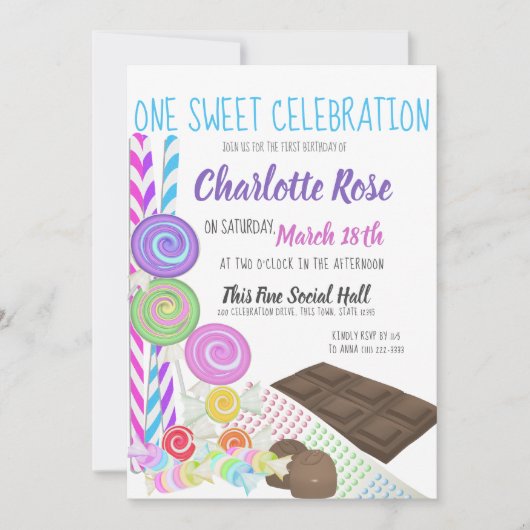 Invitation Candy Sweet Première fête d'anniversaire (Devant)