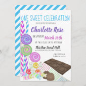 Invitation Candy Sweet Première fête d'anniversaire (Devant / Derrière)