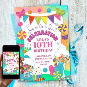Invitation Candy Theme Fille colorée arc-en-ciel anniversaire