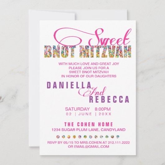Invitation Candy Thème Sweet BNOT MITZVAH Joint Party (Devant)