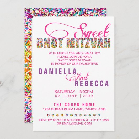 Invitation Candy Thème Sweet BNOT MITZVAH Joint Party (Devant / Derrière)