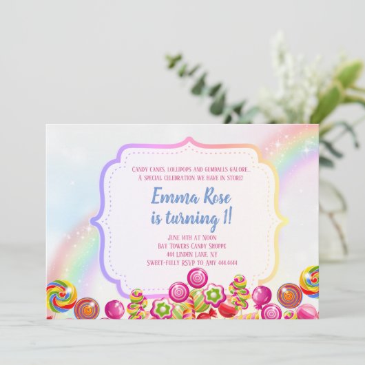 Invitation Candyland bonbons thème anniversaire (Debout devant)