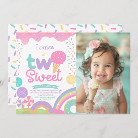 Invitation Candyland et crème glacée, deux douces 2e annivers (Devant / Derrière)