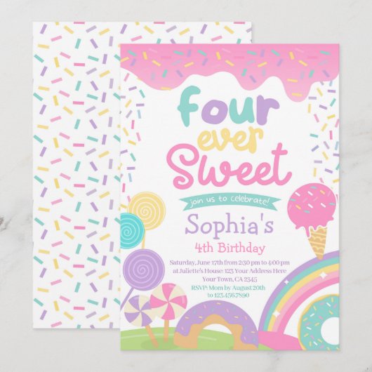 Invitation Candyland et crème glacée Quatre Anniversaire touj (Devant / Derrière)