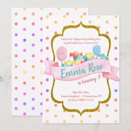 Invitation Candyland Gold Polka dot Birthday Party (Devant / Derrière)
