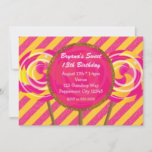 Invitation Candyland Pink & Yellow Lollipopes fête d'annivers (Devant)