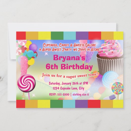 Invitation Candyland Sweets Cupcake Anniversaire Fête Invitat (Devant)