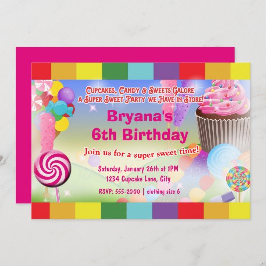 Invitation Candyland Sweets Cupcake Anniversaire Fête Invitat (Devant / Derrière)