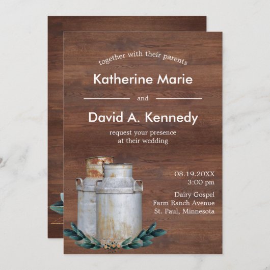 Invitation Canettes de lait Budget Mariage Vieux pays Ferme r (Devant / Derrière)