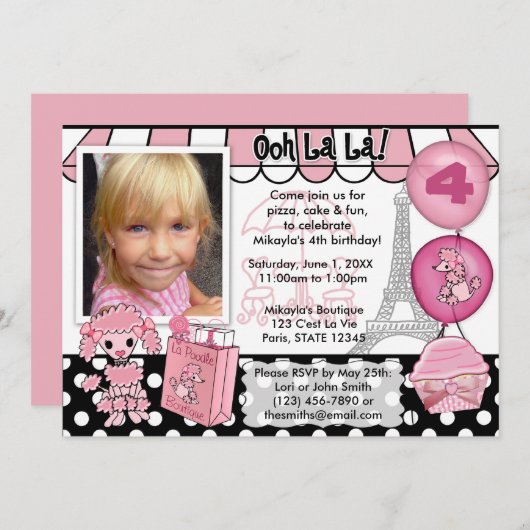 Invitation Caniche rose dans l'invitation d'anniversaire de (Devant / Derrière)