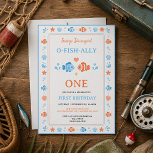 Invitation Canne à pêche vintage O-Fish-Ally One 1er annivers