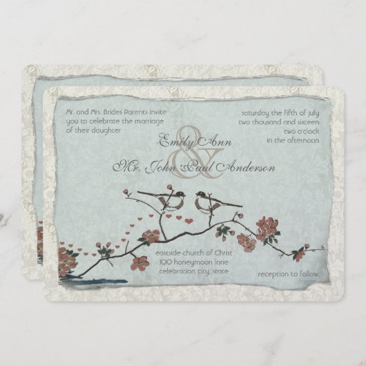 Invitation Cannelle et Inséparable bleu Mariage damassé Invit (Devant / Derrière)