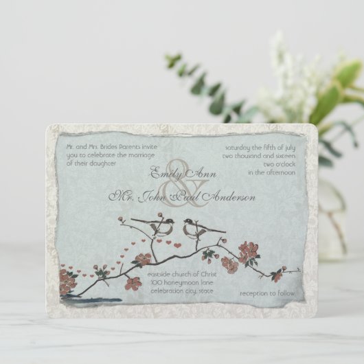 Invitation Cannelle et Inséparable bleu Mariage damassé Invit (Debout devant)