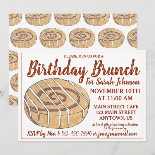 Invitation Cannelle Roll Bun Pâtisserie Anniversaire Fête Bru (Devant / Derrière)