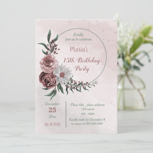 Invitation cannelle rose blanc fleuri couronne anniversaire f (Debout devant)