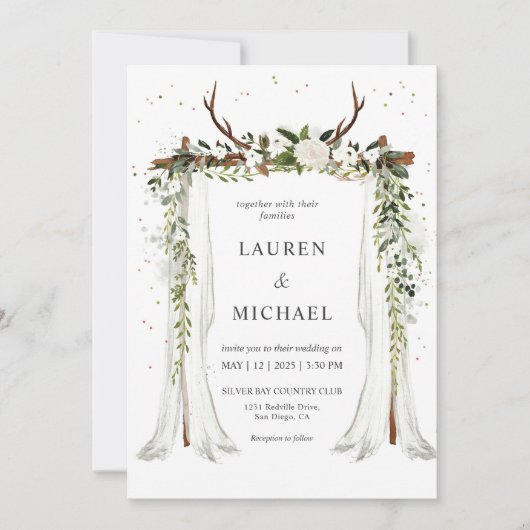 Invitation Canopée Boho Blanc Personnalisé Floral Antler Mari (Devant)
