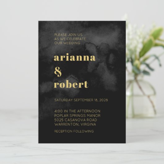 Invitation Canvas d'aquarelle noire fumée Mariage d'or modern (Debout devant)