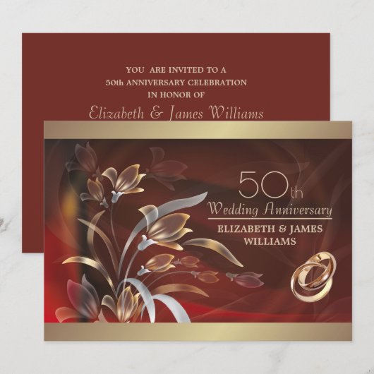 Invitation Caoba Gold Floral 50e Anniversaire de Mariage (Devant / Derrière)