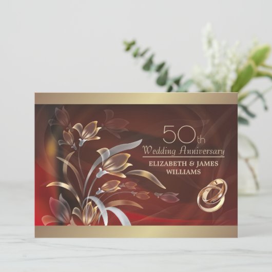 Invitation Caoba Gold Floral 50e anniversaire Mariage (Debout devant)