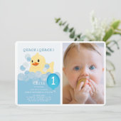 Invitation Caoutchouc Bleu Garçon Photo 1er Anniversaire (Debout devant)